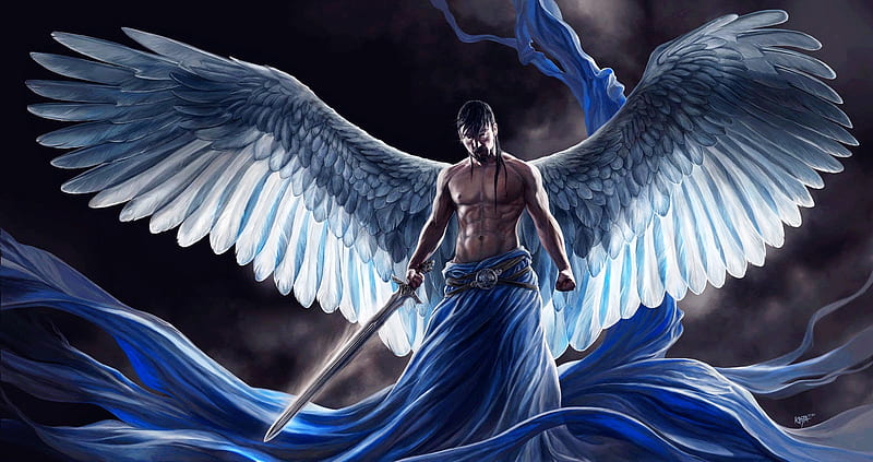 Angel, warrior, blue wings, man, sword, HD wallpaper