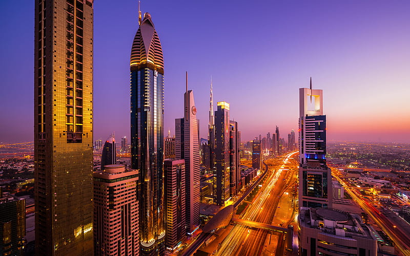 Dubai, Sheikh Zayed Road, sunset, evening, skyscrapers, modern architecture, United Arab Emirates, HD wallpaper