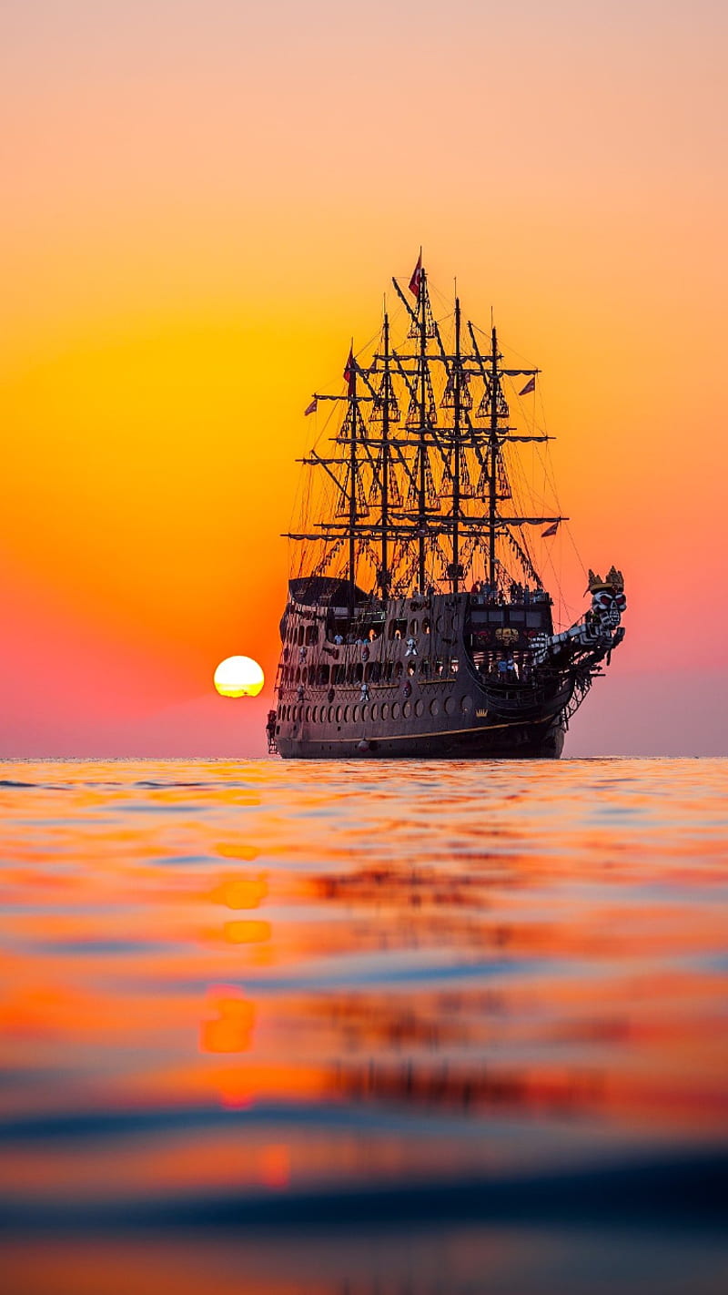 Sailing and sun , boat, fish, fishing, pirate, pirates, red, sunset, yellow, HD phone wallpaper