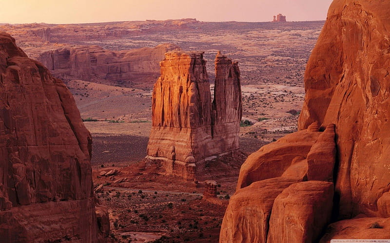 Courthouse Towers at Sunset Arches Natural Park, Utah, brown, rock, national, sunset, park, sky, tan, canyon, daylight, arches, day, nature, field, landscape, HD wallpaper