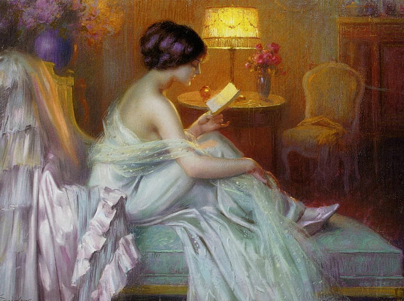 .NIGHT OF LONELINESS., pretty, vase, bedroom, women, sweet, lovers, paintings, splendor, love, flowers, chair, face, florals, art, lovely, lonely, cute, cool, reading, artistic, dress, charm, bonito, bed, hair, gentle, girls, light, gorgeous, night, lamp, cabinet, colors, soft, loneliness, cards, drawing, tender touch, lady, HD wallpaper