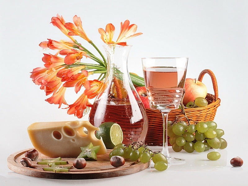 Nibbles and wine, glass, grapes, lillies, orange, wine, chees, flowers, HD wallpaper