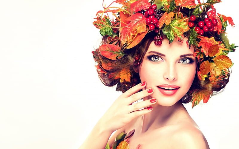 Beauty, red, fall, wreath, autumn, model, toamna, woman, leaf, girl ...