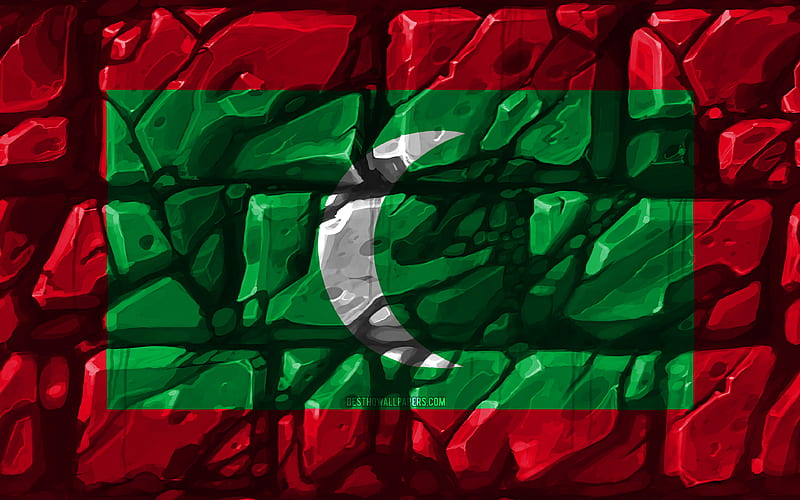 Maldives flag, brickwall Asian countries, national symbols, Flag of Maldives, creative, Maldives, Asia, Maldives 3D flag, HD wallpaper