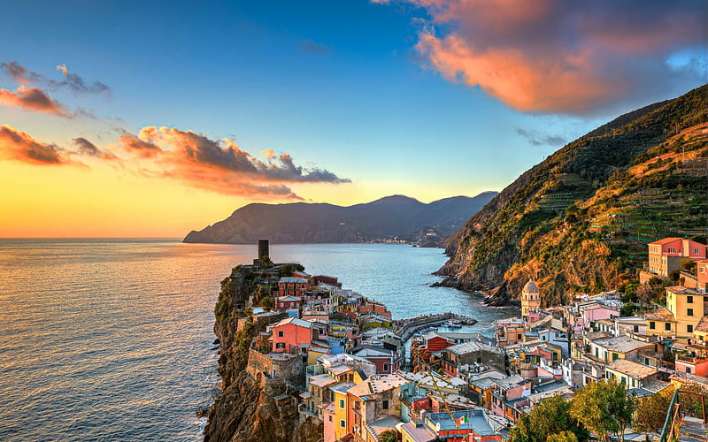 Ligurian Sea, sunset, Vernazza, coast, Cinque Terre, Liguria, Italy, HD wallpaper