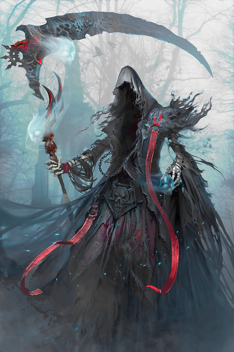 Demon Reaper, demon, reaper, sickle, death, hood, tie, dark, mist, man, angels, HD phone wallpaper