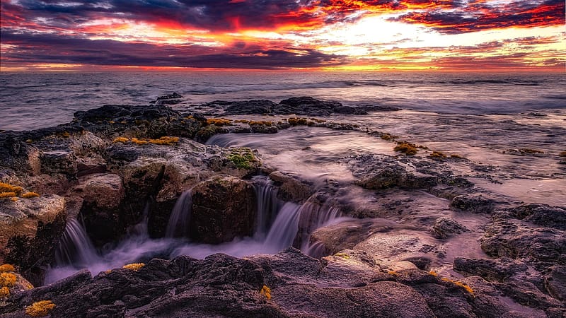 Pele's Well, Hawaii, stones, sea, colors, clouds, sky, water, usa, sunset, HD wallpaper