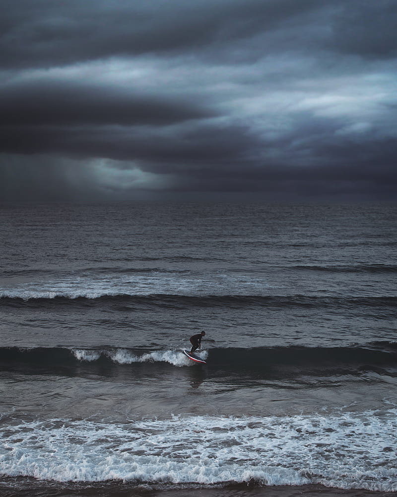 surfer, surfing, waves, sea, ocean, overcast, HD phone wallpaper