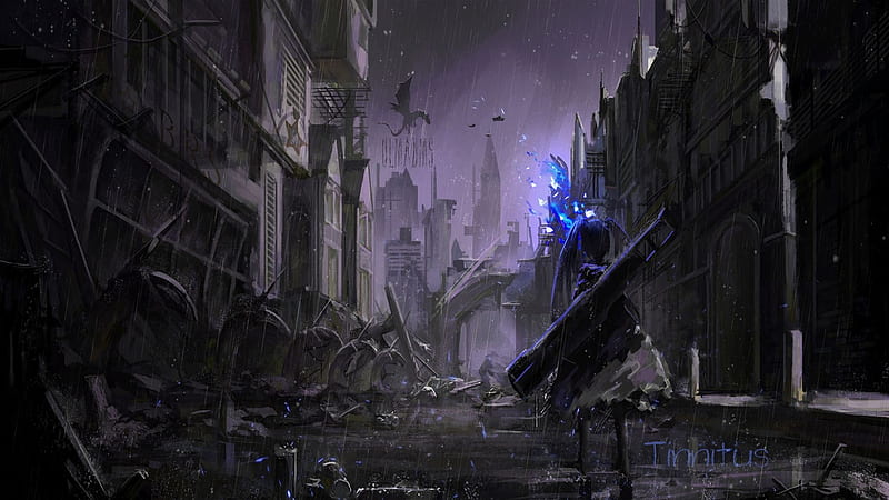 black rock shooter, raining, dragon, ruined city, Anime, HD wallpaper