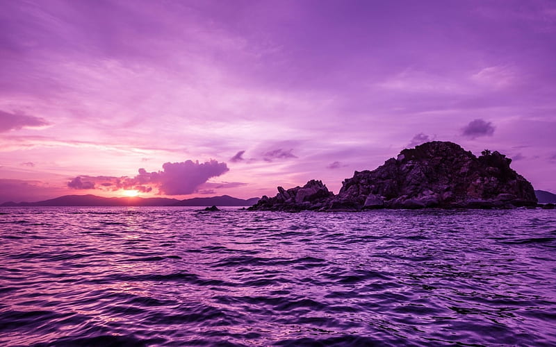 Pelican Island, Florida, rocks, purple, sunset, clouds, sky, sea, HD wallpaper