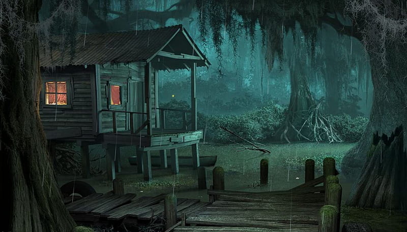 Swamp Shack, fishing shack, kid safe, eery, swamp, HD wallpaper