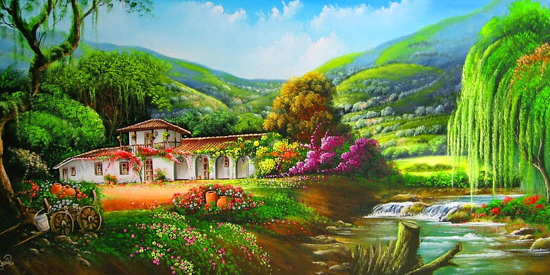 Rural landscape, stream, house, grass, cottage, bonito, countryside, mountain, cascades, painting, village, flowers, river, rural, art, lovely, oil, creek, serenity, landscape, HD wallpaper