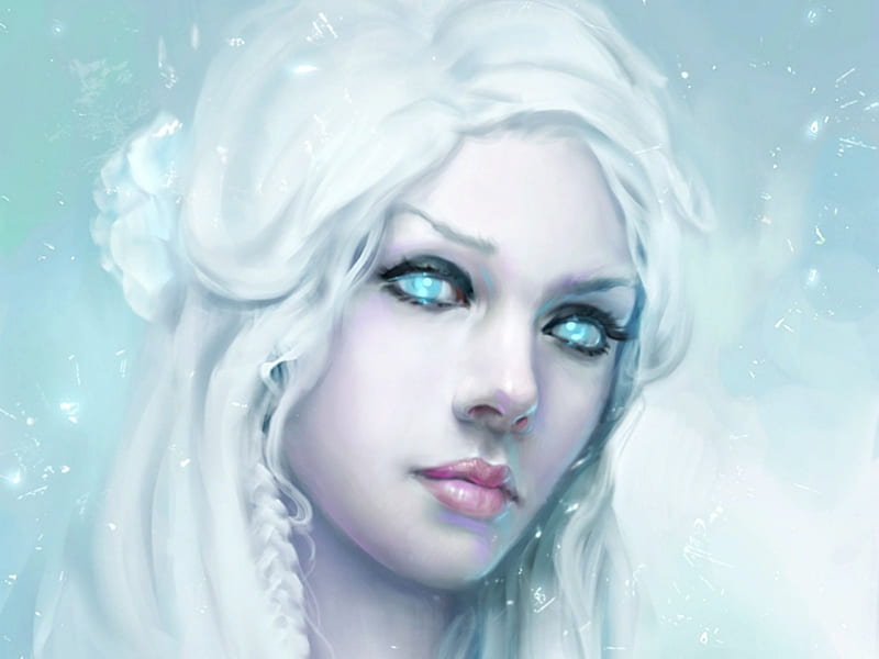 Snow Queen, art, verehin, elsa, woman, winter, snowflake, fantasy, girl, beauty, face, portrait, white, eyes, pink, blue, HD wallpaper