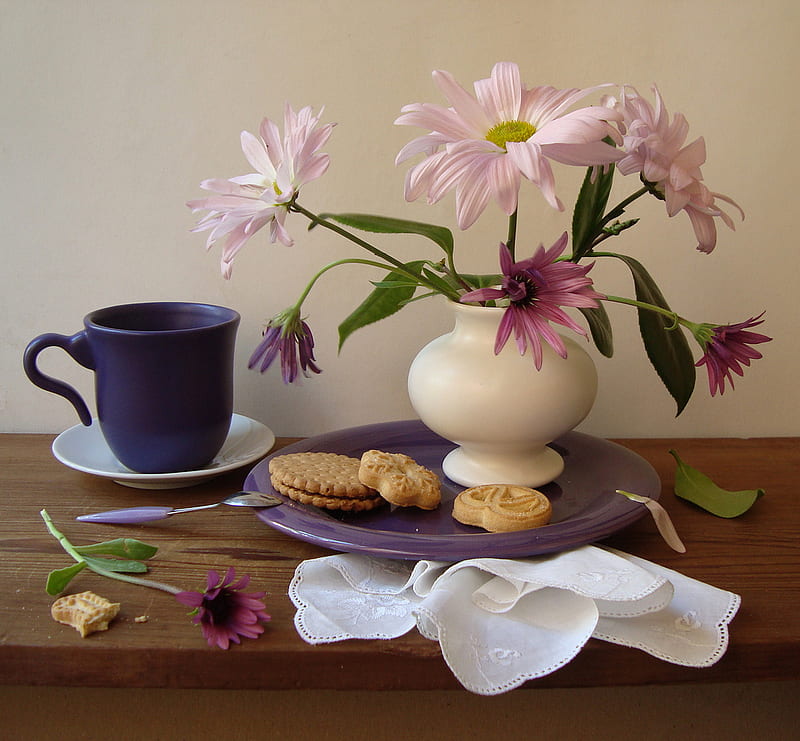 Having a Wonderful Time, still life, cookies, lovely, flowers, vase, cup, pink, blue, HD wallpaper