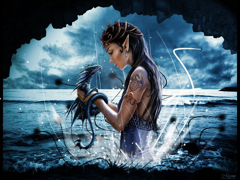Girl and dragon, anne stokes, fantasy, water, girl, dragon, cave, blue, art, luminos, sea, HD wallpaper