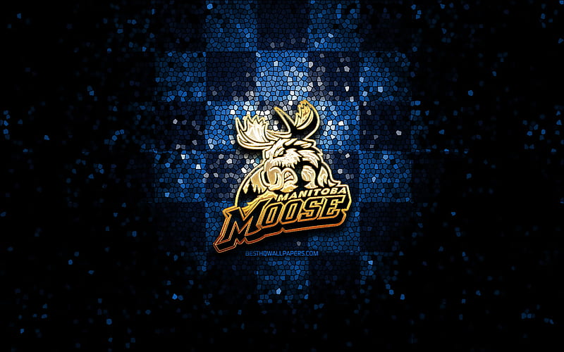 Manitoba Moose, glitter logo, AHL, blue checkered background, USA, american hockey team, Manitoba Moose logo, mosaic art, hockey, America, HD wallpaper