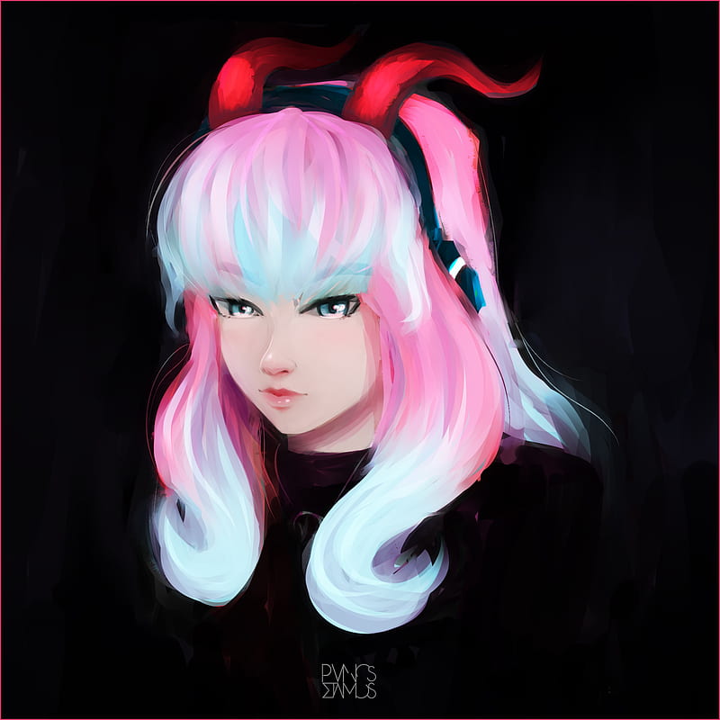 Pink hair, black background, anime girls, horns, painting, blue eyes,  drawing, HD phone wallpaper | Peakpx