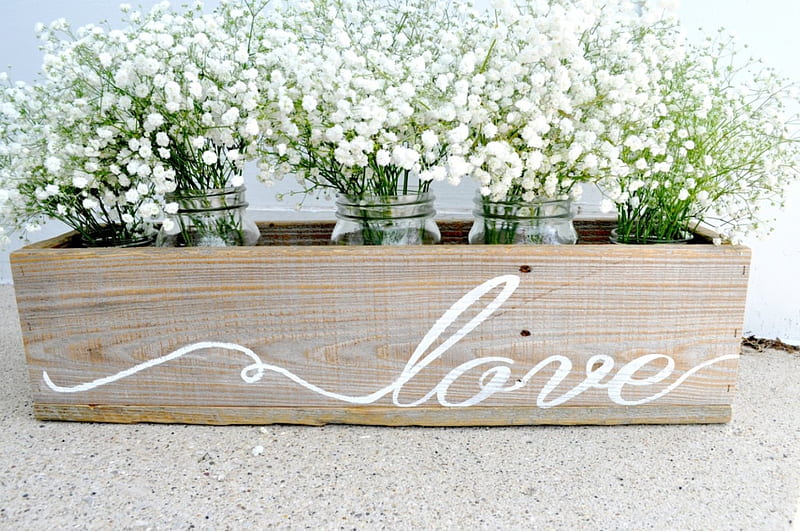 *Flower arrangement*, box, pot, graphy, text love, blossoms, flowers, arrangement, white, wooden, HD wallpaper