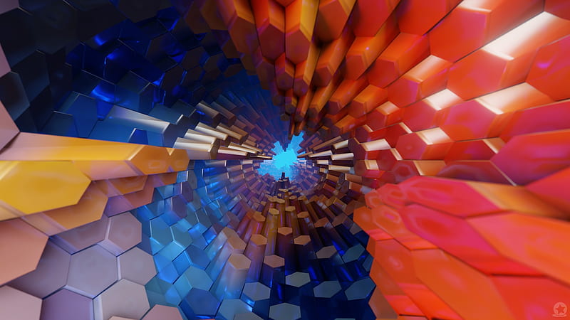 hexagon tunnel, orange colors, 3d model, 3D, HD wallpaper