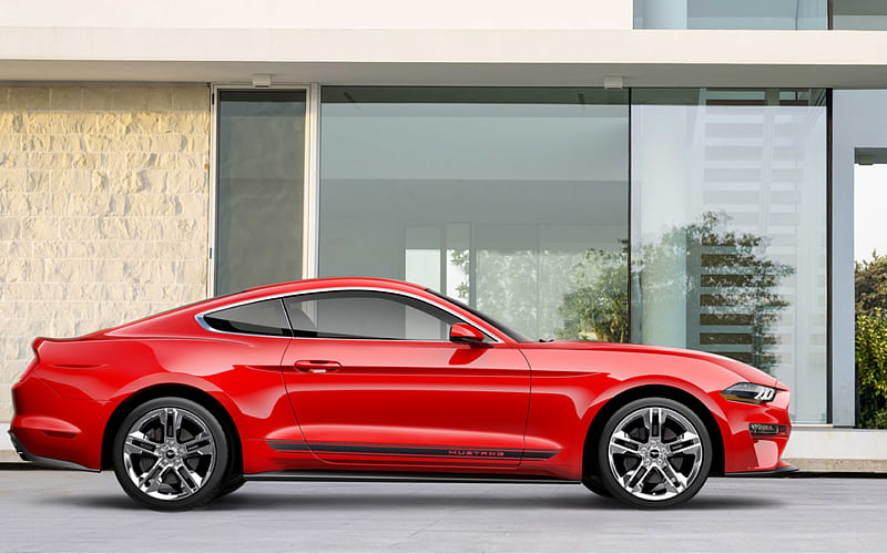 Ford Mustang, 2018 side view, red sports coupe, exterior, new cars, red Mustang, American cars, Ford, HD wallpaper