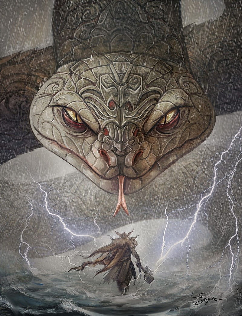 Thor vs Jormungandr, lightning, norse, norse mythology, ragnarok, thunder god, viking, HD phone wallpaper
