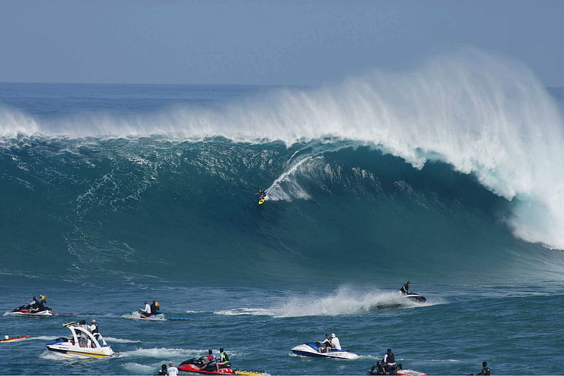 Big wave Surfing, giant, spectators, jet skis, surfing, wave, HD wallpaper