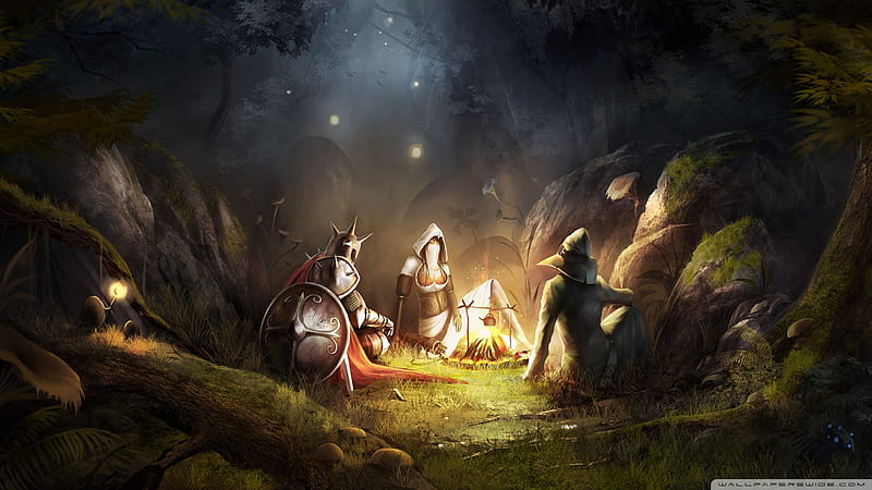 Story Campfire, cg, video game, campfire, wide, trine, character, fire, fantasy, warrior, story, night, HD wallpaper
