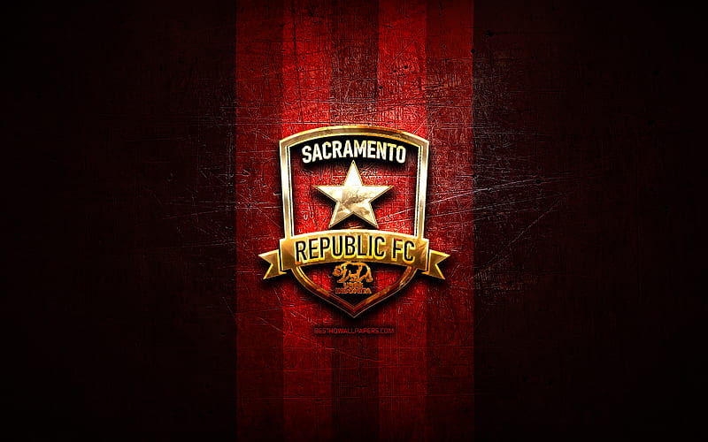 Sacramento Republic FC, golden logo, USL, red metal background, american soccer club, United Soccer League, Sacramento Republic logo, soccer, USA, HD wallpaper