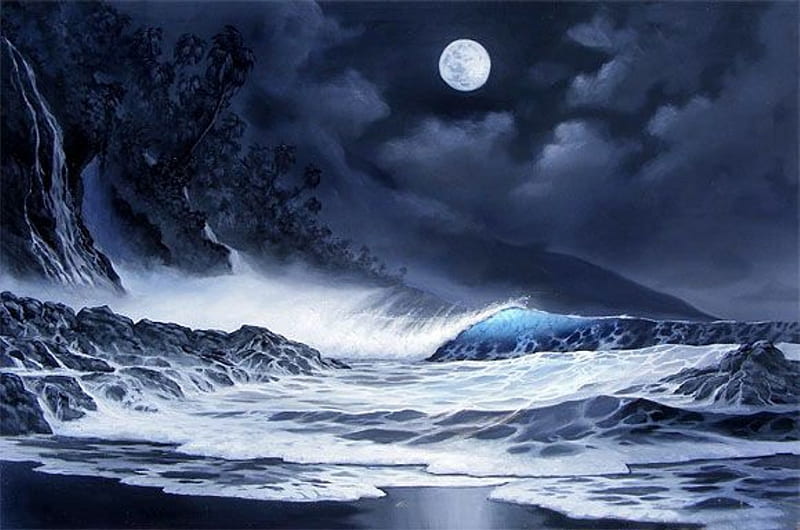 COVE OF PASSION, beach, moon, ocean, waves, clouds, sky, night, HD wallpaper