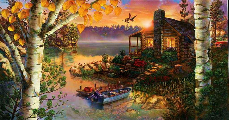 Evening at Lake, autumn, boat, painting, cottagee, sunset, trees, HD ...