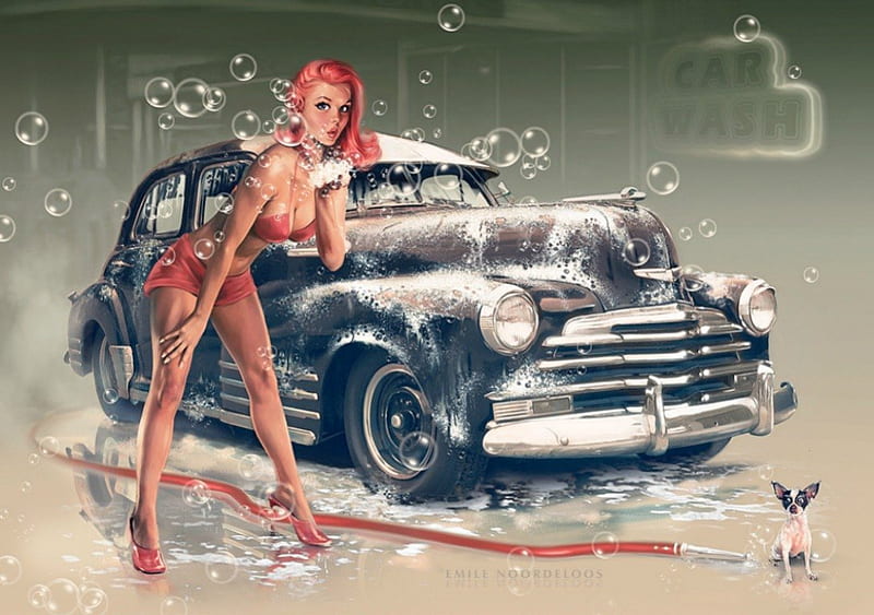 CAR WASH, carros, doggy, redhead, bubbles, soapy, girls, hose pipe, vintage, HD wallpaper
