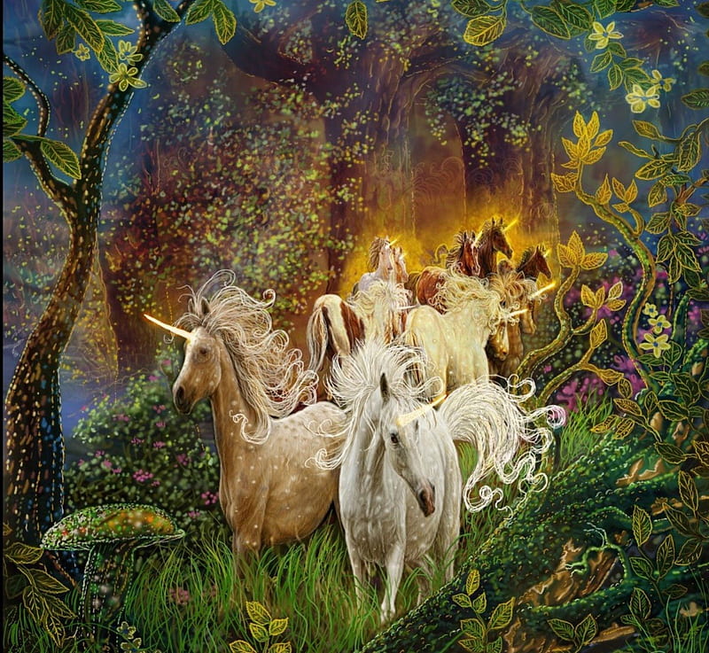 The Last Unicorns, forest, fantasy, flowers, mushrooms, trees, unicorns, HD wallpaper