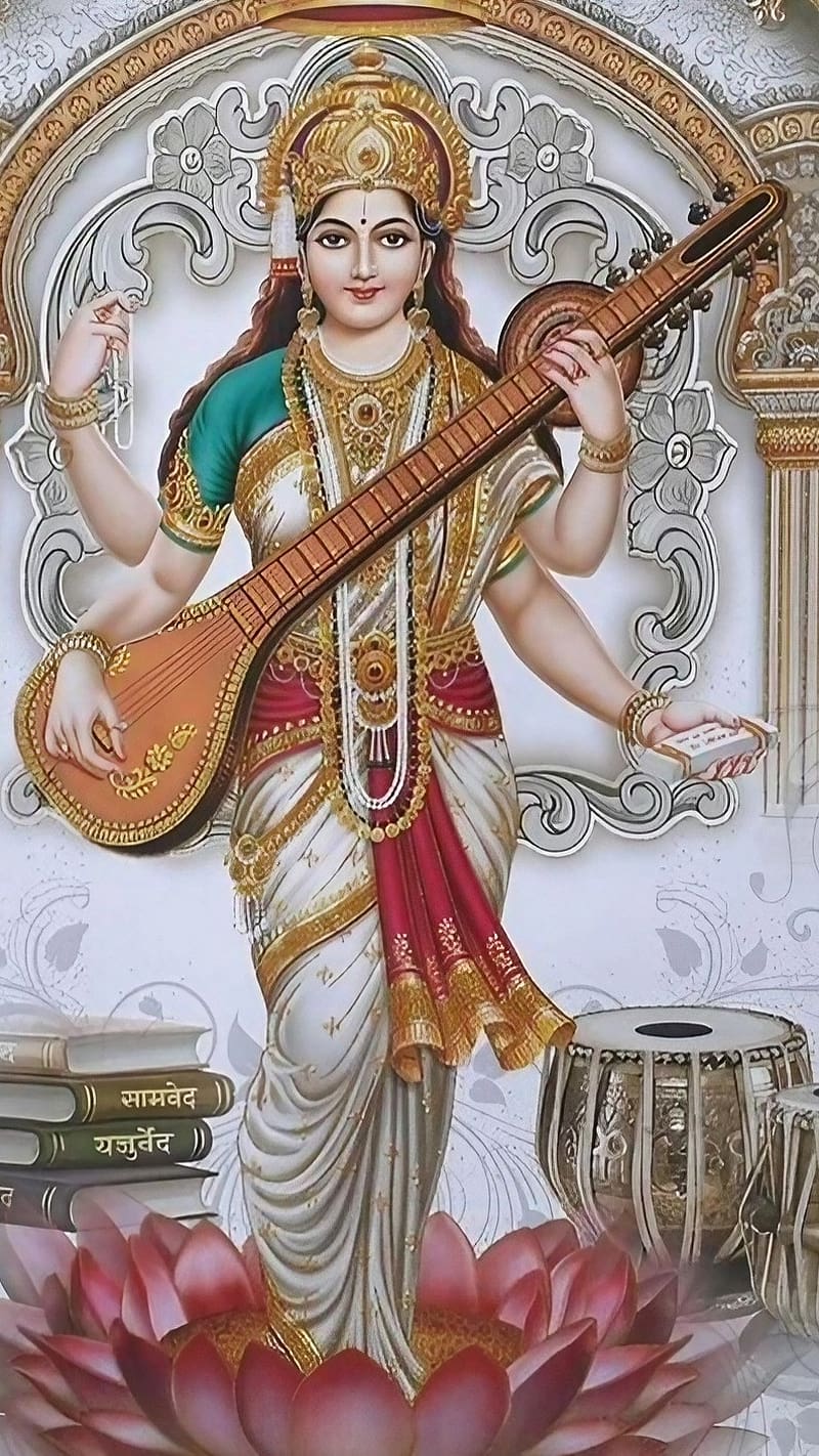 Saraswati Mata Ke, Goddess Of Music, goddess, HD phone wallpaper