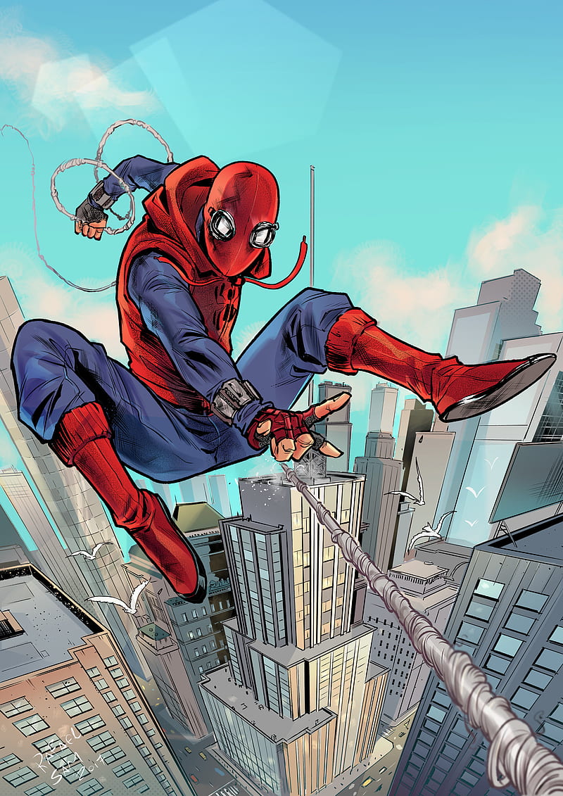 Rafael Sam, illustration, Marvel Comics, Spider-Man, Spider-Man Homecoming (Movie), hood, boots, city, building, Spider-Man: Homecoming, Spider-Man: Homecoming (2017), HD phone wallpaper