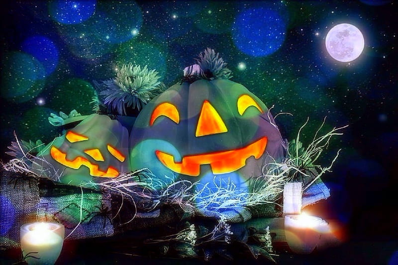 Halloween Lover, moons, holiday, halloween, colors, love four seasons, candles, lovers, fantasy, decorations, couple, pair, pumpkins, night, HD wallpaper