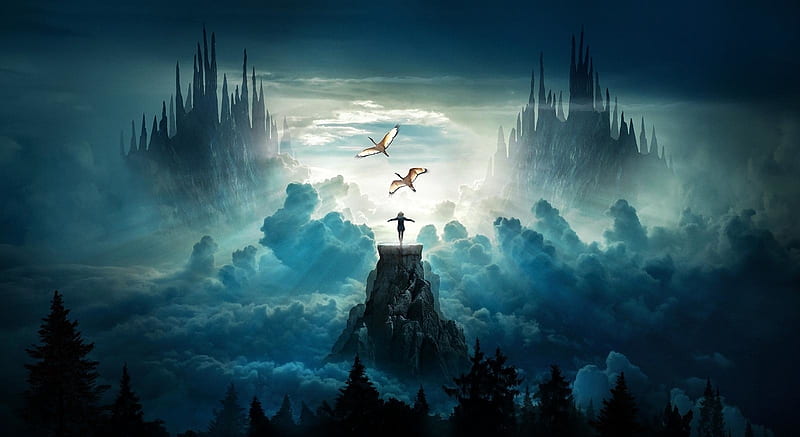The wish, luminos, castle, silhouette, white, blue, world, cloud, fantasy, softyrider62, bird, pasari, HD wallpaper