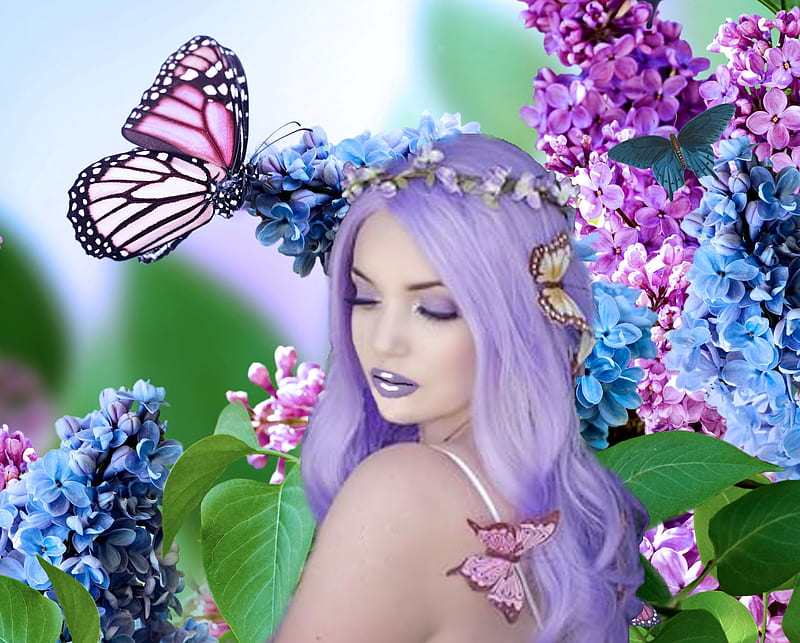 Purple Fantasia, artistic, pretty, wreath, stunning, bonito, woman, women, floral, flower wreath, fantasy, feminine, flowers, gorgeous, female, lovely, butterflies, creative, girl, garden, floral wreath, HD wallpaper