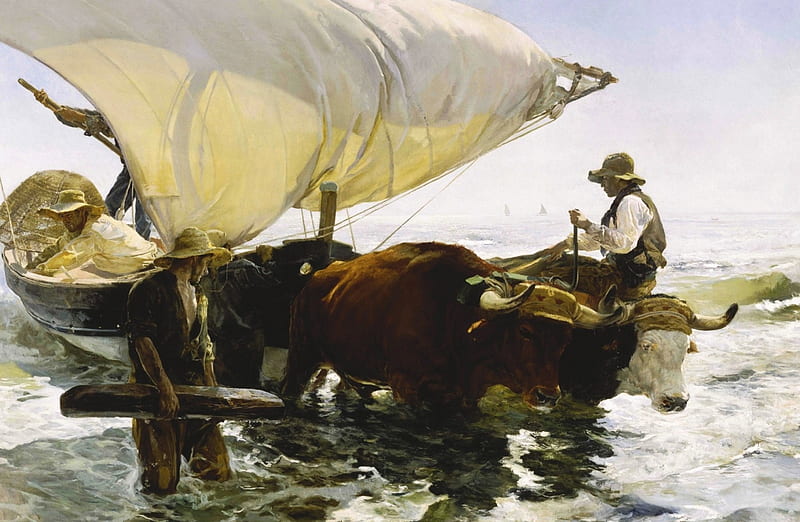 Fisher, art, cow, man, horns, sea, boat, water, joachin sorolla, painting, pictura, HD wallpaper