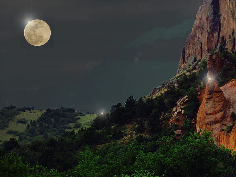 Desert moon, rocks, desert, west, canyon, western skies, moon, mountains, dark, nightscape, moonlight, night, HD wallpaper