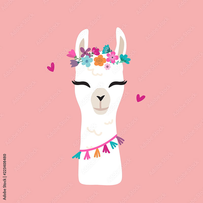 Cute cartoon llama alpaca vector graphic design. Hand drawn llama character head illustration with flower wreath for nursery design, poster, greeting, birtay card, baby shower design Stock Vector, HD phone wallpaper