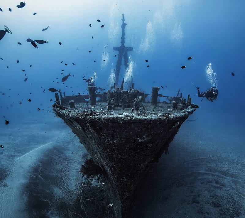 Sunken Ship, boat, diver, divers, ruin, sea, vessel, wreck, HD wallpaper