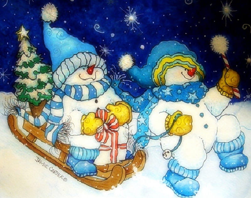 ★Celebrate of the Winter★, sleigh, scarves, holidays, jolly, xmas and new year, greetings, wool hat, paintings, gloves, drawings, traditional art, blue, joyful, snowmen, christmas, happiness, love four seasons, festivals, winter, xmas tree, snow, snowflakes, weird things people wear, white, gifts, celebrations, HD wallpaper