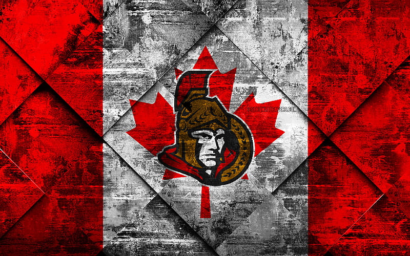 Ottawa Senators Canadian hockey club, grunge art, rhombus grunge texture, American flag, NHL, Ottawa, Canada, USA, National Hockey League, Canadian flag, hockey, HD wallpaper