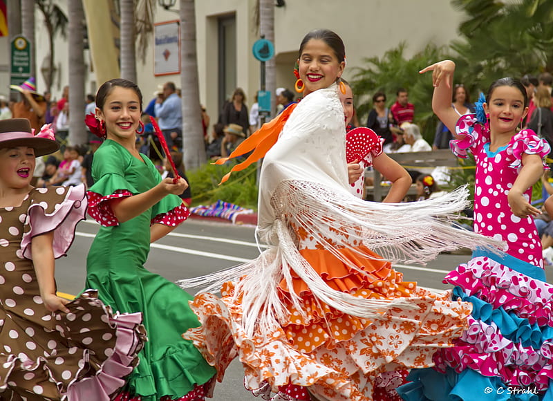 Santa Barbara Parade, cheryl strahl, colorful, dress, flamenco, orange, joy, spanish, dancer, green, girl, pink, blue, HD wallpaper