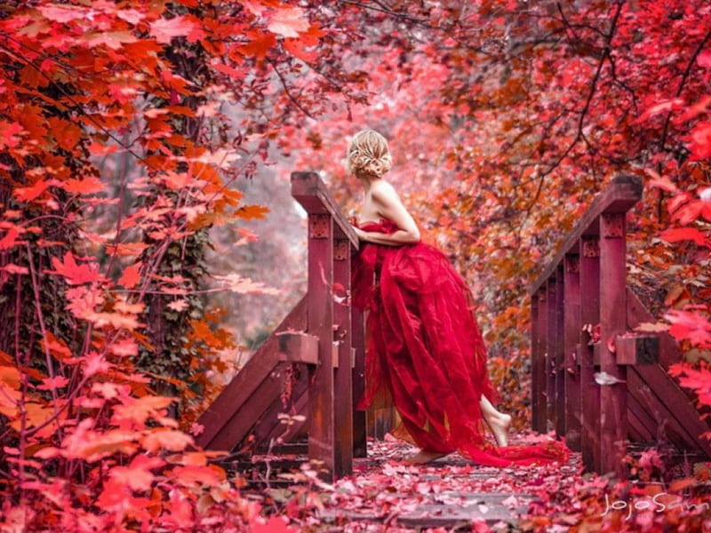 Waiting For Autumn, red, autumn, model, blonde, trees, woman, dess, girl, bridge, HD wallpaper