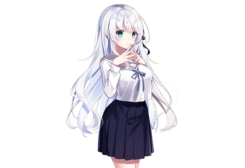 anime school girl, white hair, school uniform, green eyes, Anime, HD wallpaper
