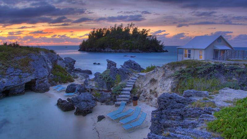 beautiful sunset on a beach house in bermuda, beach, rocks, house, chairs, sunset, island, HD wallpaper