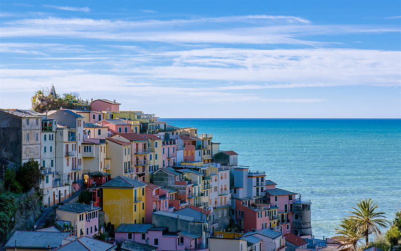 Ligurian Sea, Manarola, colorful houses, seascape, resort, Riomaggiore, Spice, Liguria, Italy, HD wallpaper
