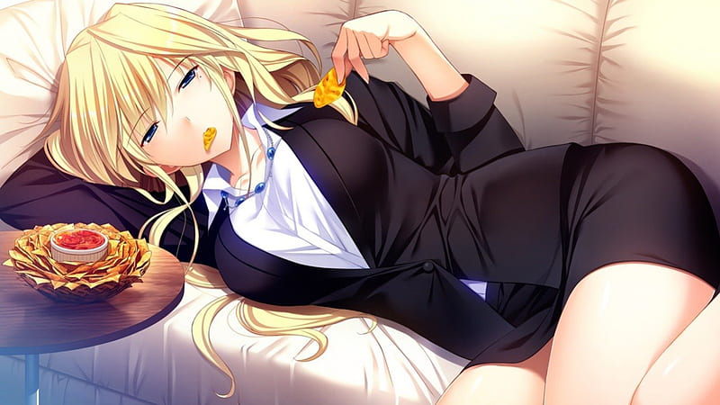 Lazy Snack, blond, hungry, eat, lazy, anime, hot, anime girl, chair, long  hair, HD wallpaper | Peakpx