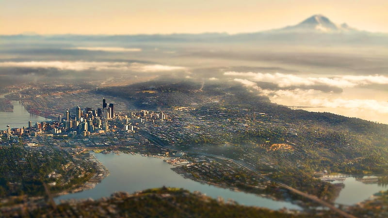extreme aerial view of seattle, city, view, focus, aerial, skyscrapers, HD wallpaper